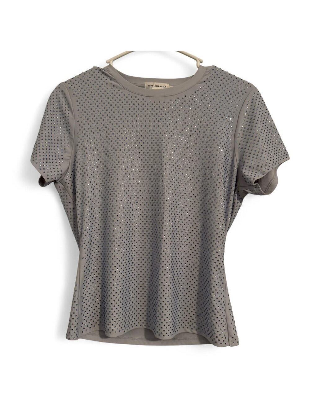Good American 70s Disco Glam Periwinkle Bodycon Rhinestone Tee Size L